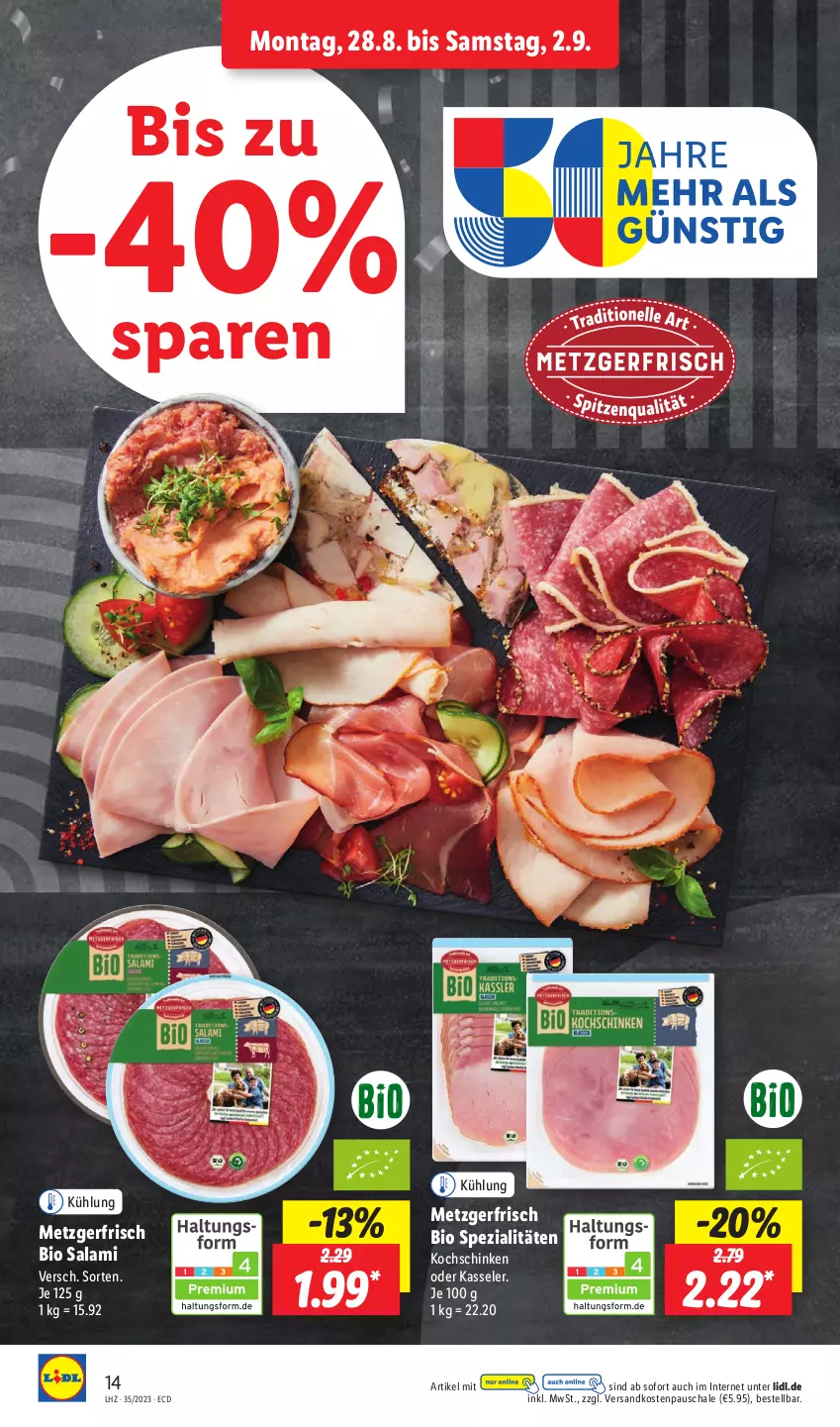 Aktueller Prospekt Lidl - Aktionsprospekt - von 28.08 bis 02.09.2023 - strona 16 - produkty: bio, kasseler, kochschinken, ndk, salami, Schal, Schale, schinken, Spezi, Ti