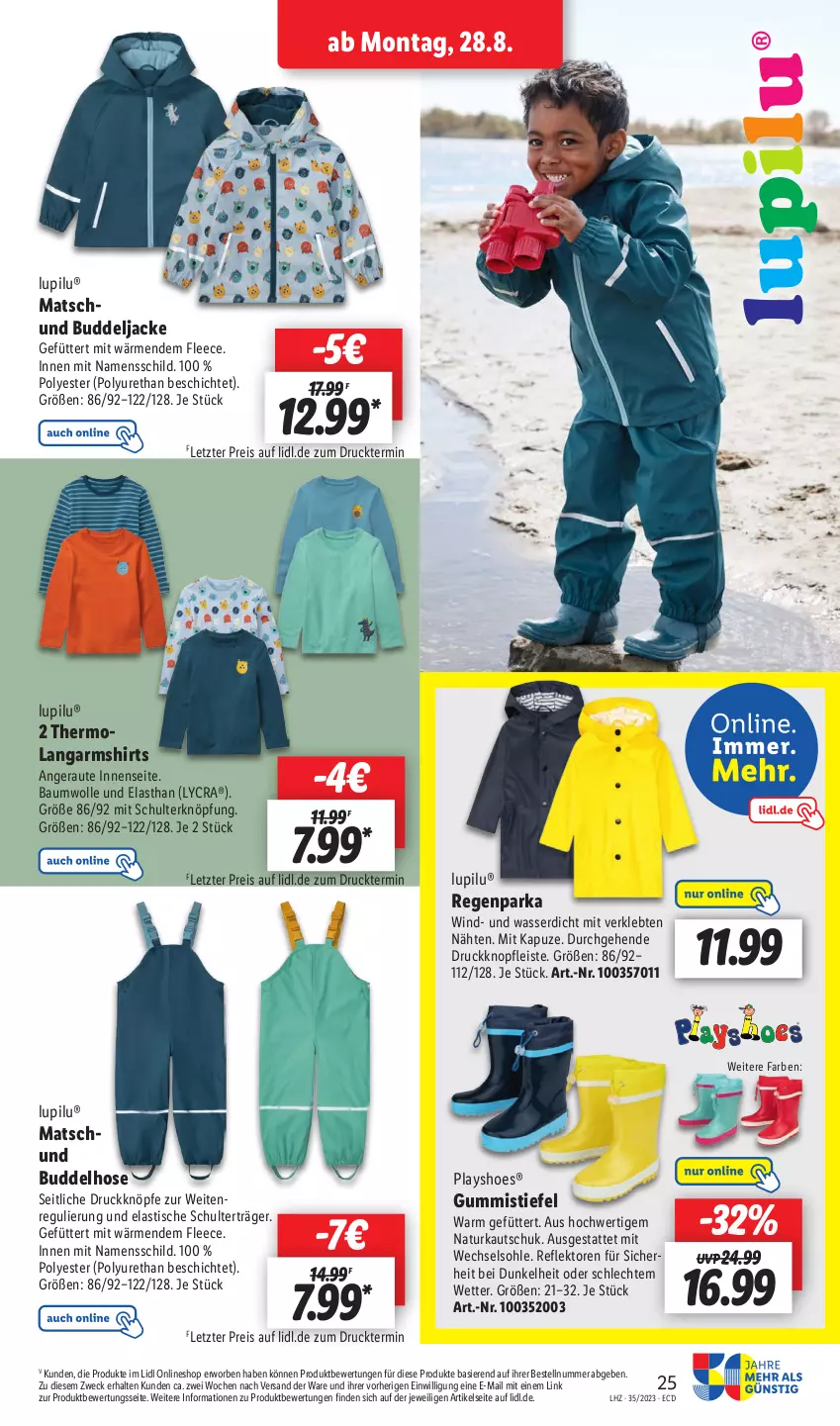 Aktueller Prospekt Lidl - Aktionsprospekt - von 28.08 bis 02.09.2023 - strona 33 - produkty: asti, Bau, baumwolle, eis, Gummistiefel, hose, Jacke, Langarmshirt, lays, lupilu, natur, Parka, reis, shirt, shirts, Ti, tisch, wasser, weck, wolle, ZTE