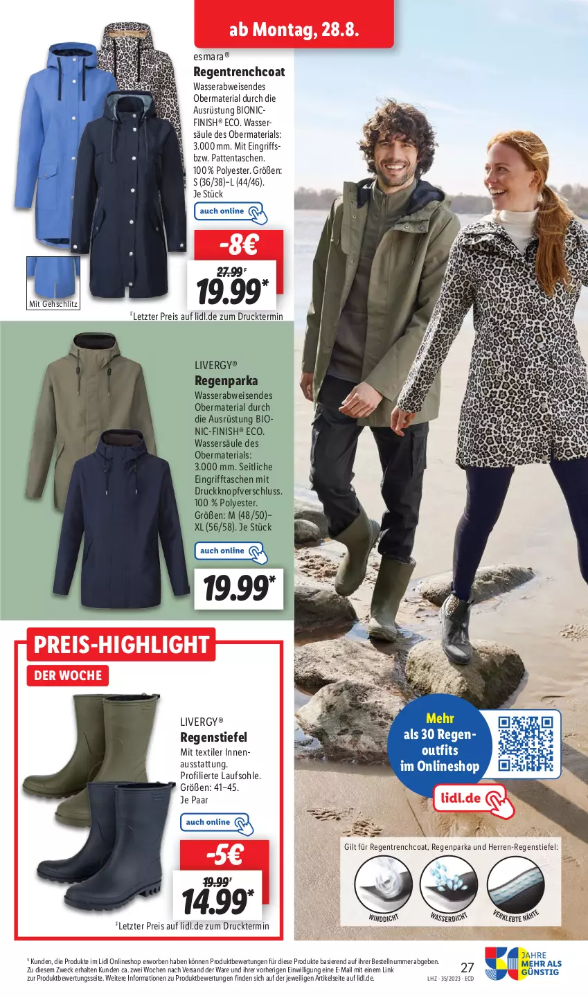 Aktueller Prospekt Lidl - Aktionsprospekt - von 28.08 bis 02.09.2023 - strona 35 - produkty: bio, eis, esmara, Finish, livergy, Parka, reis, Ria, Tasche, taschen, Ti, Trenchcoat, wasser, weck, ZTE