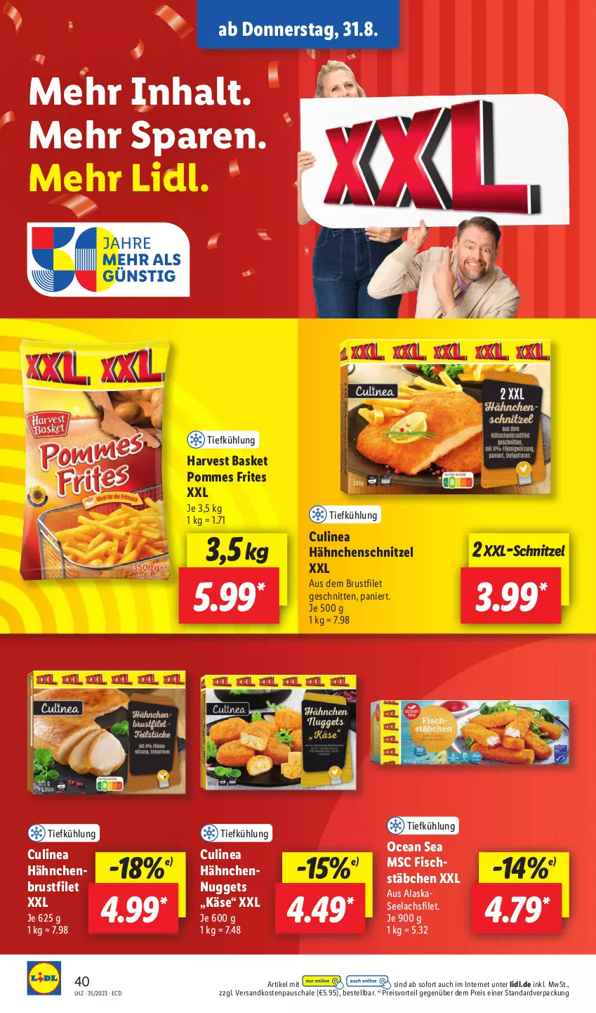 Aktueller Prospekt Lidl - Aktionsprospekt - von 28.08 bis 02.09.2023 - strona 52 - produkty: brustfilet, eis, filet, fisch, Hähnchenschnitzel, Käse, lachs, lachsfilet, ndk, nuggets, pommes, Pommes Frites, preisvorteil, reis, Schal, Schale, schnitten, schnitzel, seelachsfilet, Ti