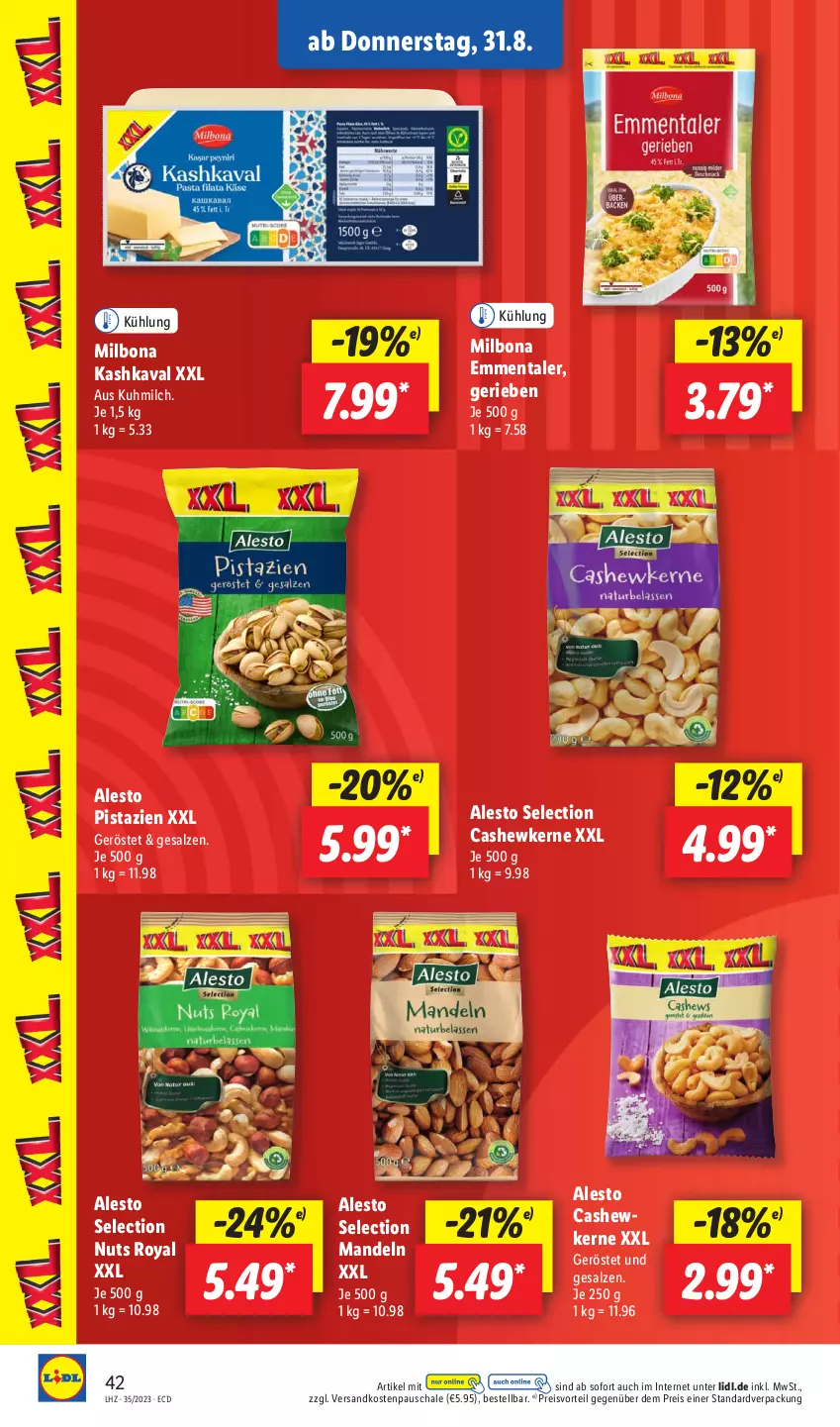 Aktueller Prospekt Lidl - Aktionsprospekt - von 28.08 bis 02.09.2023 - strona 54 - produkty: alesto, Bona, Cashew, cashewkerne, eis, emmentaler, Kashkaval, mandel, mandeln, Milbona, milch, ndk, pistazien, preisvorteil, reis, salz, Schal, Schale, Ti