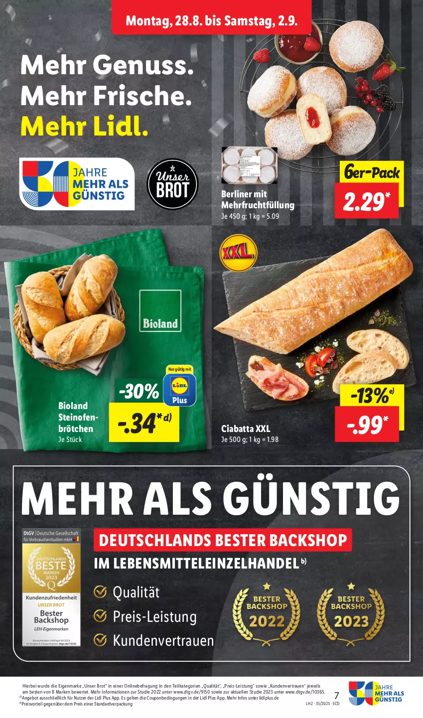 Aktueller Prospekt Lidl - Aktionsprospekt - von 28.08 bis 02.09.2023 - strona 7 - produkty: angebot, berliner, bio, bioland, brot, brötchen, ciabatta, coupon, eis, elle, frucht, lebensmittel, nuss, Ofen, preisvorteil, reis, steinofen, Ti