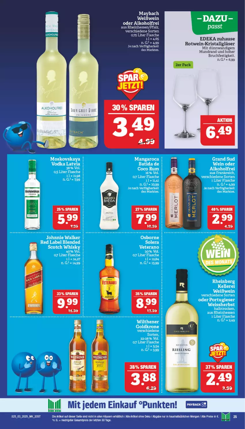 Aktueller Prospekt Marktkauf - Prospekt - von 12.01 bis 18.01.2025 - strona 25 - produkty: alkohol, batida, deka, eier, eis, flasche, Gläser, goldkrone, johnnie walker, krone, LG, mangaroca, maybach, moskovskaya, osborne, payback, reis, rel, riesling, rotwein, scotch, scotch whisky, tee, Ti, veterano, vodka, wein, Weißwein, whisky, ZTE