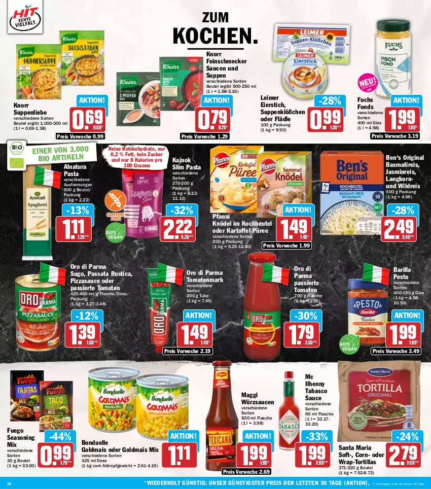 Aktueller Prospekt Hit - Wochenprospekt - von 03.03 bis 08.03.2025 - strona 10 - produkty: barilla, basmati, beutel, bio, bonduelle, bonduelle goldmais, eier, eimer, eis, elle, feinschmecker, flasche, gin, Goldmais, goldmais oder, kartoffel, Knödel, knorr, kochbeutel, korn, leimer, maggi, mais, natur, natura, oro di parma, pasta, pesto, pfanni, pizza, püree, reis, Ria, sauce, saucen, Sugo, suppe, suppen, suppenliebe, tabasco, Ti, tomate, tomaten, tomatenmark, tortilla, tortillas, Wild, wrap, würzsauce, würzsaucen, ZTE, zucker