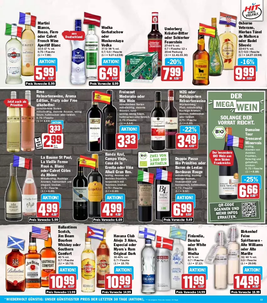 Aktueller Prospekt Hit - Wochenprospekt - von 03.03 bis 08.03.2025 - strona 13 - produkty: alkohol, aperitif, Bad, ball, Bau, bio, bourbon, bourbon whiskey, bree, campo viejo, coupon, doppio passo, eis, ente, finesse, flasche, fleisch, freixenet, frucht, früchte, früchten, gin, Gorbatschow, Havana Club, jim beam, kräuter, martini, moskovskaya, osborne, passo, primitivo, rebsortenweine, reis, rotkäppchen, rouge, rum, scotch, Southern Comfort, spirituosen, Ti, underberg, veterano, vodka, wein, weine, whiskey, wodka, ZTE