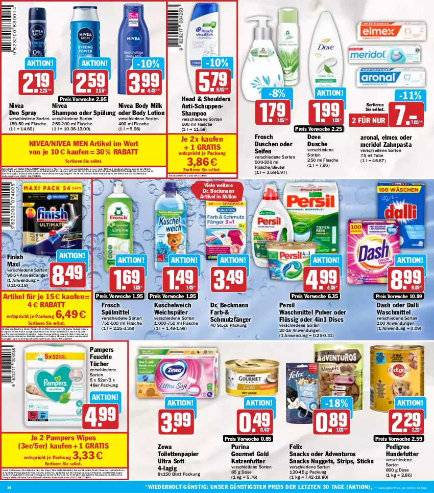 Aktueller Prospekt Hit - Wochenprospekt - von 03.03 bis 08.03.2025 - strona 14 - produkty: adventuros, aqua, beutel, body, body lotion, body milk, Calendula, coupon, coupons, dalli, deo, deo spray, dove, Dr. Beckmann, dusche, eier, eis, elmex, erde, felix, feuchte tücher, feuchttücher, Finish, flasche, Frosch, gin, gourmet gold, katzenfutter, Kuschelweich, Lotion, meridol, nivea, Nivea Men, nuggets, pampers, papier, pasta, pedigree, persil, persil waschmittel, purina, reis, salz, Seife, shampoo, shampoo oder spülung, snack, snacks, sofortrabatt, Spezi, spülmittel, spülung, Ti, Tiere, toilettenpapier, tücher, waschmittel, weichspüler, zahnpasta, zewa, ZTE