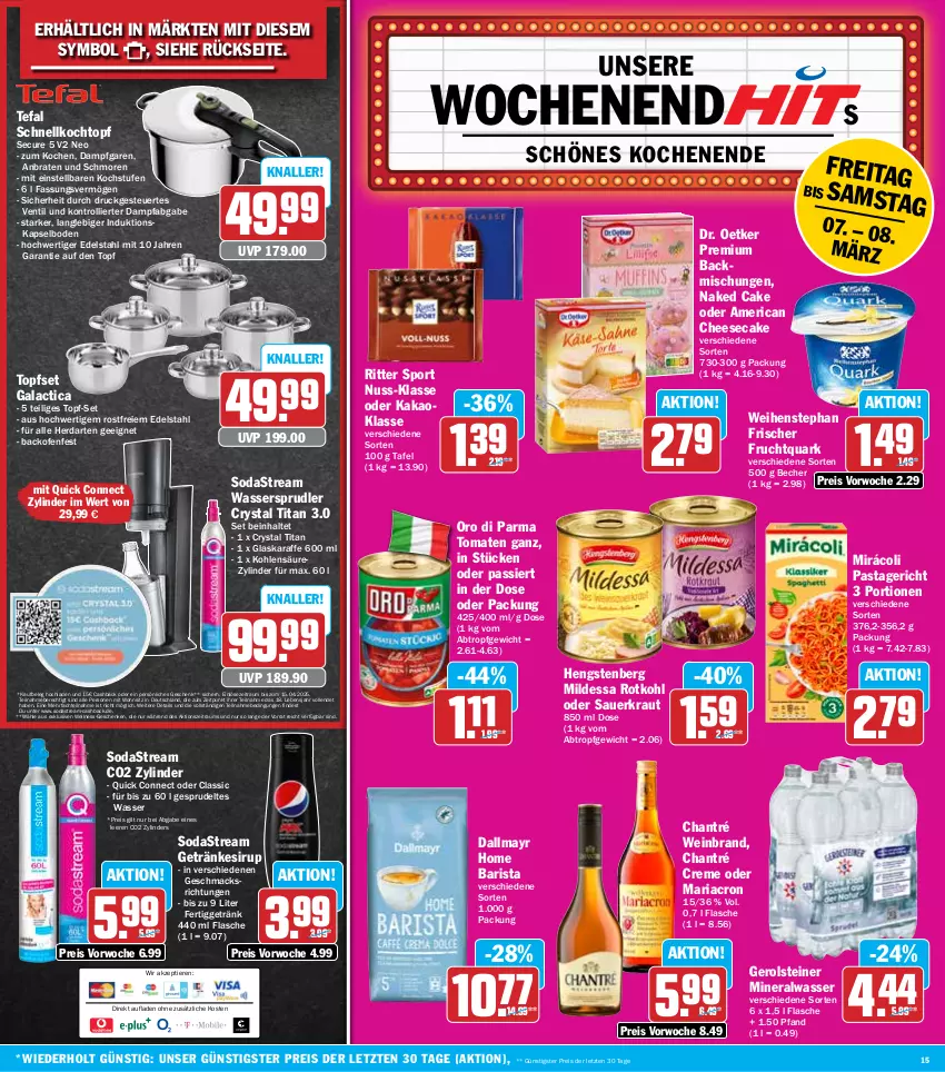 Aktueller Prospekt Hit - Wochenprospekt - von 03.03 bis 08.03.2025 - strona 15 - produkty: Alwa, auer, backmischung, Backmischungen, backofen, Becher, braten, chantré, cheesecake, creme, dallmayr, Dr. Oetker, edelstahl, eis, flasche, frucht, Fruchtquark, gerolsteine, gerolsteiner, getränk, getränke, getränkesirup, glaskaraffe, hengstenberg, herdarten, kakao, Karaffe, Kochtopf, Kraut, mac, mariacron, mineralwasser, Mirácoli, nuss, Ofen, oro di parma, pasta, Pastagericht, quark, reis, Ria, ritter, ritter sport, rotkohl, Sauerkraut, Schnellkochtopf, sirup, Soda, sodastream, Sport, Sprudel, steiner, tefal, Ti, Tiere, tomate, tomaten, topf, topf-set, Topfset, trolli, wasser, wassersprudler, weihenstephan, wein, weinbrand, ZTE