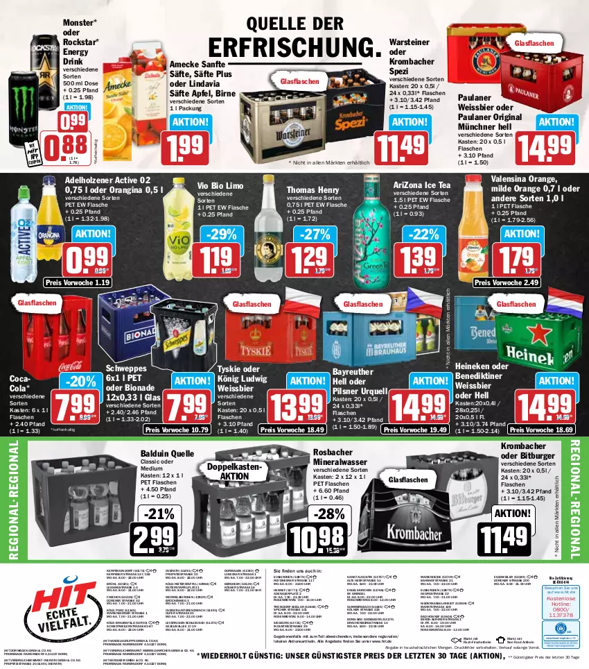 Aktueller Prospekt Hit - Wochenprospekt - von 03.03 bis 08.03.2025 - strona 17 - produkty: adelholzener, Alwa, amecke, angebot, angebote, apfel, auer, Bad, Benediktiner, bier, bio, bio limo, bionade, bitburger, braun, burger, cola, coupon, drink, eimer, eis, elle, energy drink, Engel, fisch, flasche, gin, glasflasche, heineken, Holz, ice tea, krombache, krombacher, limo, Lübecker, mineralwasser, monster, orange, orangina, Paula, paulaner, pils, pilsner, pilsner urquell, Rauch, reis, Rockstar, rosen, säfte, schweppes, Spezi, steiner, thomas henry, Ti, tyskie, uhr, valensina, vio bio limo, warsteiner, wasser, weissbier, ZTE