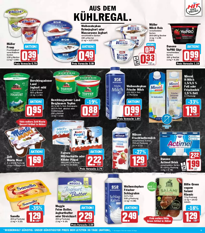 Aktueller Prospekt Hit - Wochenprospekt - von 03.03 bis 08.03.2025 - strona 9 - produkty: actimel, actimel drink, auer, aus dem kühlregal, Bau, Bauer, Becher, butter, buttermilch, coupon, danone, danone actimel drink, dessert, drink, eis, ferrero, frische milch, froop, frucht, fruchtjoghurt, joghur, joghurt, joghurt mild, Kinder, kinder pingui, kühlregal, mascarpone, meggle, milch, Milchschnitte, milram, monte, Müller, müller froop, pingui, rahmjoghurt, regal, reis, salami, schlagrahm, Skyr, Streichzart, Ti, topf, Topfen, weihenstephan, Yo, zott, Zott Monte, ZTE