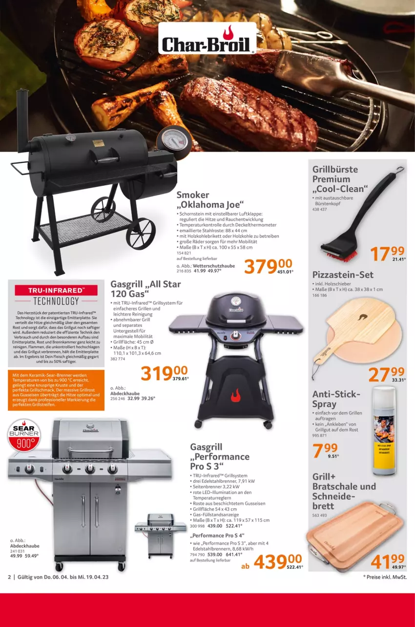 Aktueller Prospekt Selgros - Grillsaison - von 06.04 bis 19.04.2023 - strona 2 - produkty: abdeckhaube, aust, Bau, bürste, bürsten, decke, Deckel, edelstahl, eis, ente, erde, fleisch, gasgrill, grill, grillfläche, Holz, holzkohle, lamm, latte, LG, pizza, Rauch, Reinigung, reis, saft, Schal, Schale, thermometer, Ti, trolli, WICK