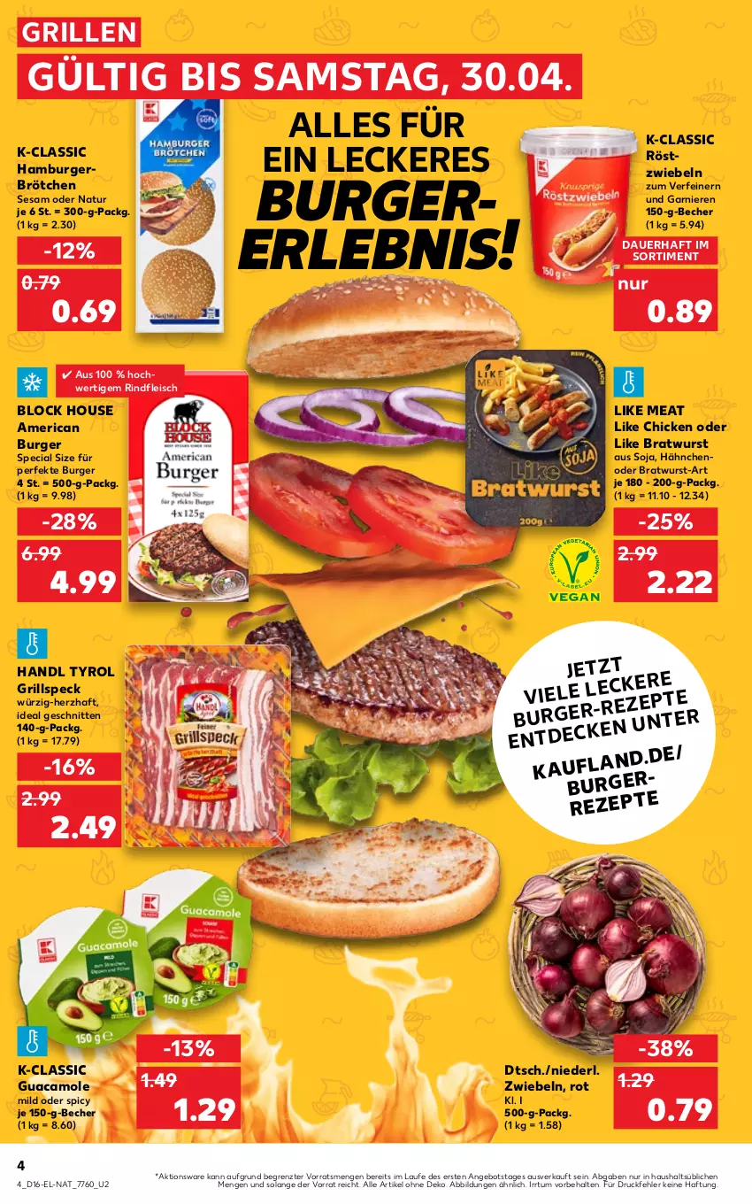 Aktueller Prospekt Kaufland - von 21.04 bis 30.04.2022 - strona 4 - produkty: angebot, auer, Becher, bratwurst, brötchen, burger, eis, fleisch, garnier, grill, guacamole, hamburger, Like Meat, natur, rezept, rind, rindfleisch, röstzwiebeln, schnitten, sesam, sim, soja, Speck, Ti, wurst, ZTE, zwiebel, zwiebeln