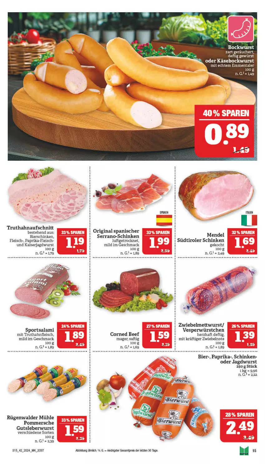 Aktueller Prospekt Marktkauf - Prospekt - von 14.10 bis 19.10.2024 - strona 15 - produkty: aufschnitt, beef, bier, bierschinken, bockwurst, corned beef, eis, emmentaler, fleisch, gewürz, gin, gutsleberwurst, jagdwurst, Kaiser, Käse, leberwurst, mac, Mett, mettwurst, paprika, Pommersche, reis, rügenwalder, rügenwalder mühle, saft, salami, schinken, serrano, Sport, südtiroler, Ti, truthahn, wurst, würstchen, ZTE, zwiebel, zwiebelmettwurst, zwiebeln