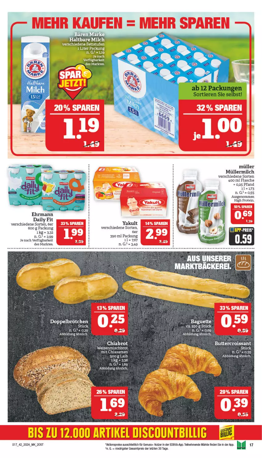 Aktueller Prospekt Marktkauf - Prospekt - von 14.10 bis 19.10.2024 - strona 17 - produkty: aktionspreis, baguette, bett, brot, brötchen, butter, chia, Croissant, deka, ehrmann, eis, flasche, haltbare milch, milch, Müller, müllermilch, nuss, reis, Ti, weizenmischbrot, ZTE