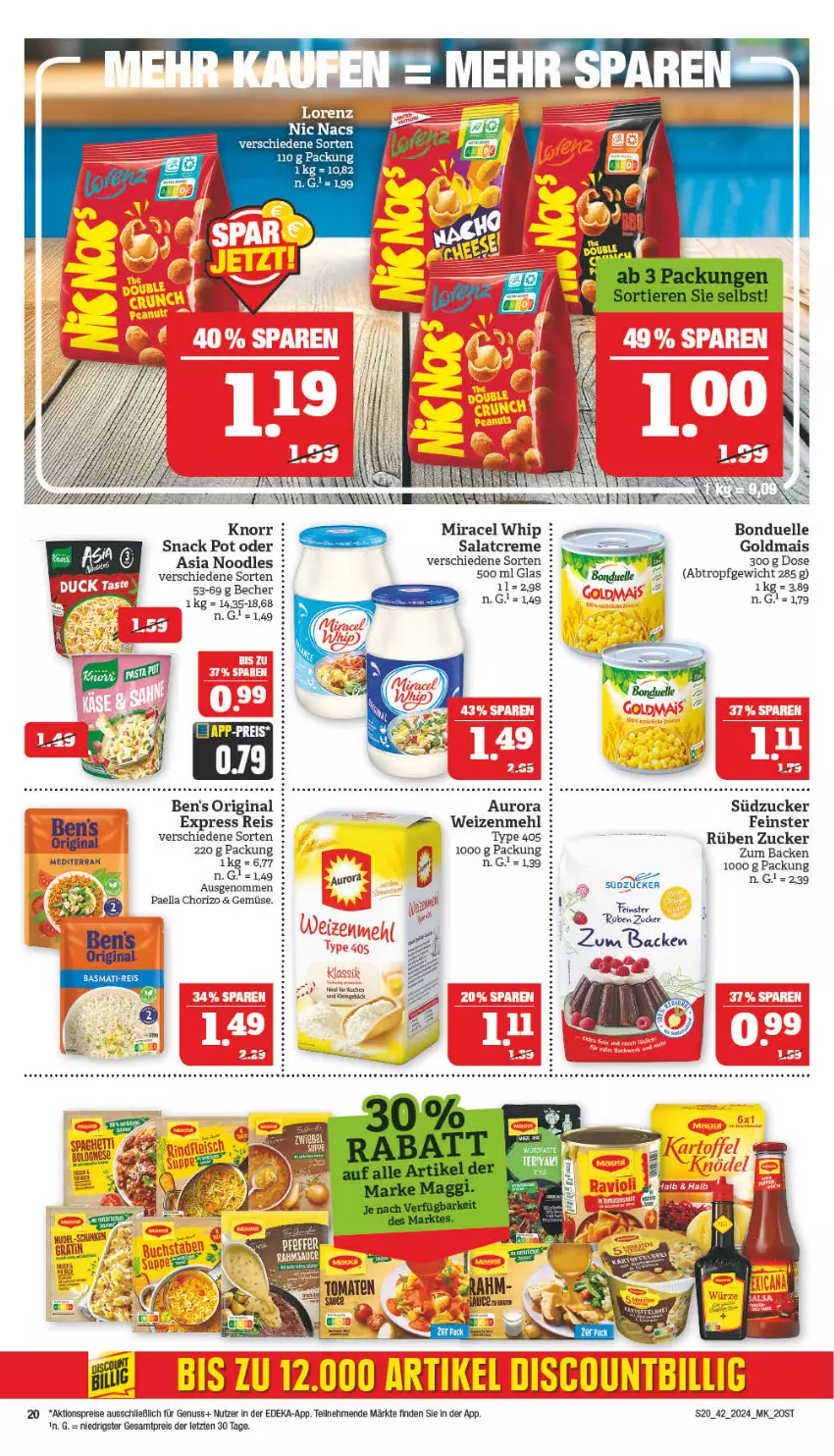 Aktueller Prospekt Marktkauf - Prospekt - von 14.10 bis 19.10.2024 - strona 20 - produkty: aktionspreis, Becher, bonduelle, chorizo, creme, deka, eis, elle, gin, Goldmais, knorr, lorenz, mais, mehl, miracel, miracel whip, Mode, nuss, paella, reis, salat, salatcreme, snack, südzucker, tee, Ti, type 405, weizenmehl, ZTE, zucker