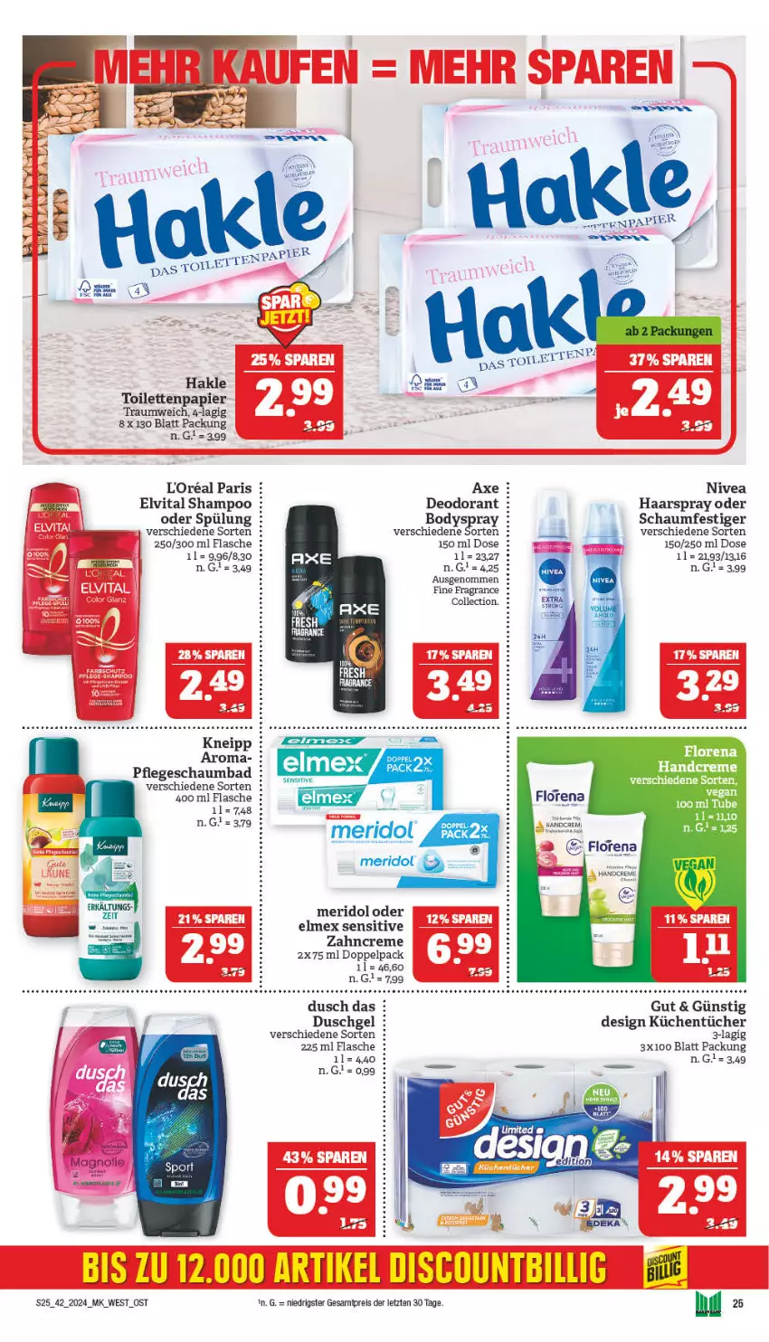 Aktueller Prospekt Marktkauf - Prospekt - von 14.10 bis 19.10.2024 - strona 25 - produkty: axe, Bad, body, bodyspray, creme, deo, deodorant, duschgel, eier, eis, elmex, elvital, flasche, haarspray, hakle, hakle toilettenpapier, kneipp, küche, Küchen, küchentücher, loreal, meridol, nivea, oder schaumfestiger, papier, reis, schaumbad, schaumfestiger, shampoo, spülung, Ti, toilettenpapier, tücher, vita, zahncreme, ZTE