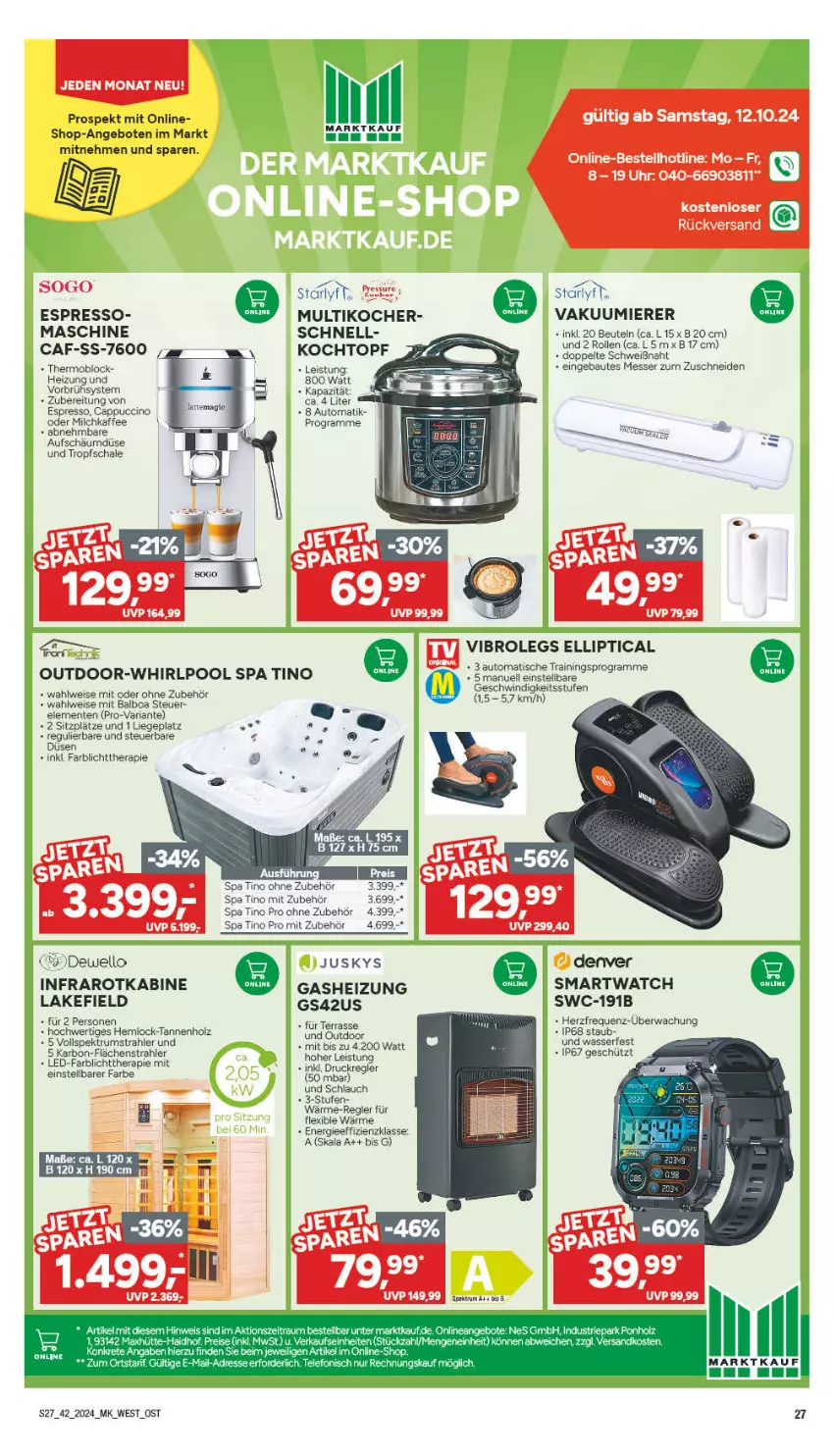 Aktueller Prospekt Marktkauf - Prospekt - von 14.10 bis 19.10.2024 - strona 27 - produkty: angebot, angebote, auto, Bau, beutel, Cap, cappuccino, cin, eis, ente, espresso, Holz, kaffee, Kocher, Kochtopf, Liege, mais, messer, milch, Multikocher, pool, pro-v, Ria, rum, Schal, Schale, schlauch, smartwatch, Spektrum, Ti, tisch, topf, uhr, Vakuumierer, wasser, Whirlpool