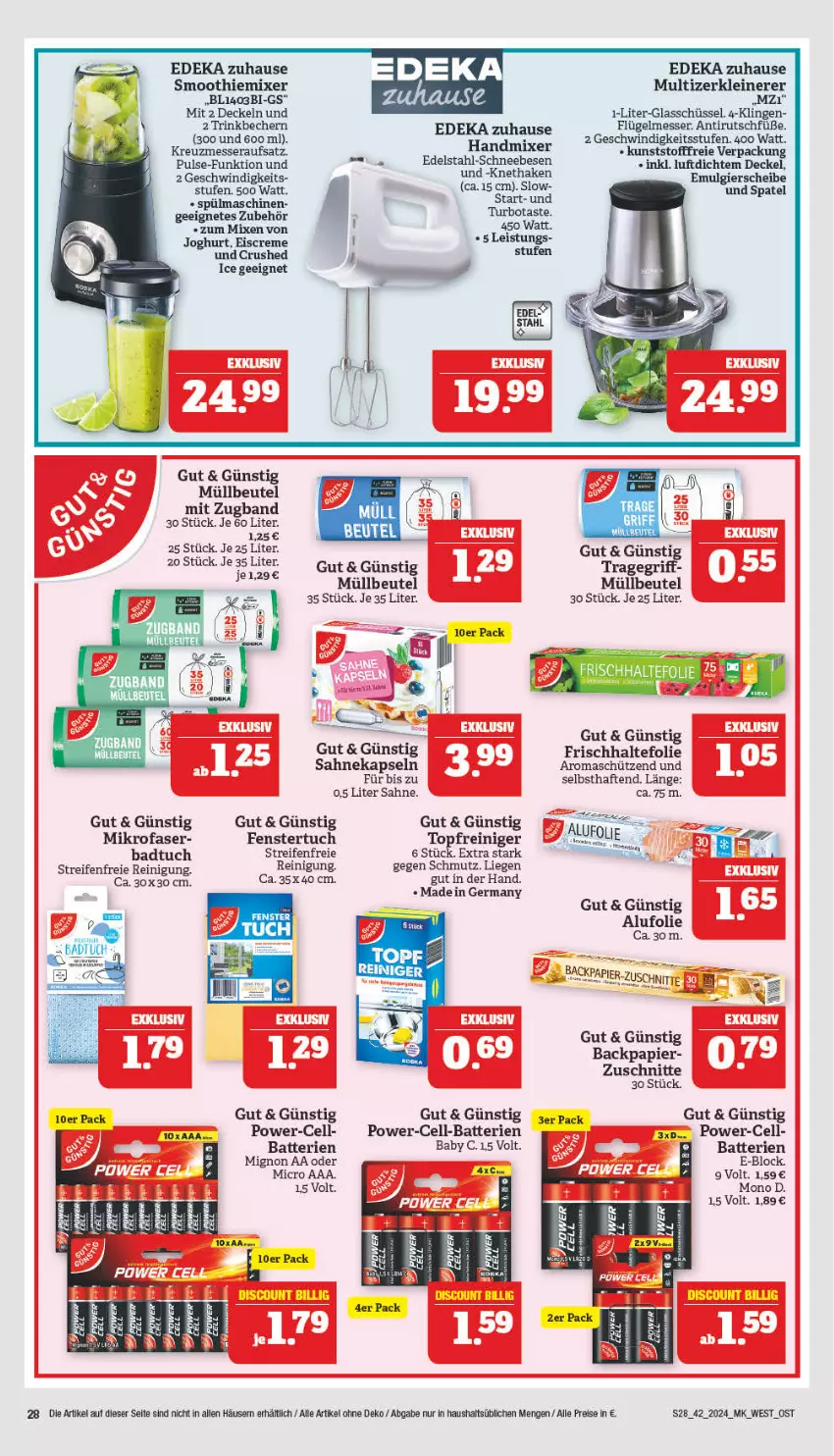 Aktueller Prospekt Marktkauf - Prospekt - von 14.10 bis 19.10.2024 - strona 28 - produkty: Bad, batterie, batterien, beutel, creme, decke, Deckel, deka, edelstahl, eis, eiscreme, fenster, frischhaltefolie, Germ, joghur, joghurt, leine, LG, Liege, messer, mikrofaser, Mixer, müllbeutel, papier, reifen, reiniger, Reinigung, reis, sahne, Schneebesen, Schütze, smoothie, spülmaschinen, Ti, topf, tragegriff, tuc, Zerkleinerer