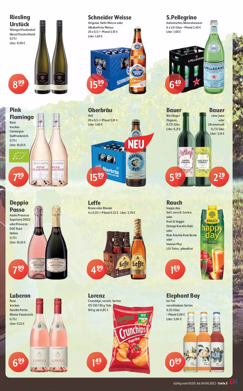 Aktueller Prospekt Getraenke Hoffmann - Prospekte - von 30.05 bis 04.06.2022 - strona 3 - produkty: alkohol, Alwa, auer, Bau, Bauer, bio, camargue, chips, cocktail, crunchips, doppio passo, dry gin, ecco, eis, Elephant Bay, elle, früchte, gin, ginger, Happy Day, ice tea, Kaki, kirsch, lillet, lorenz, mineralwasser, orange, passo, prosecco, Rauch, riesling, saft, Schladerer, Ti, Tüte, veggie, wasser, wein, Williams Birne, zitrone, zitronen, zitronensaft