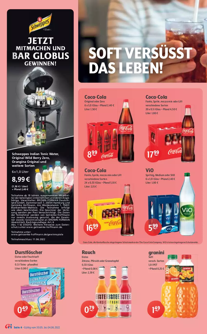 Aktueller Prospekt Getraenke Hoffmann - Prospekte - von 30.05 bis 04.06.2022 - strona 4 - produkty: Alwa, apfel, Apfelschorle, auer, Bad, Bad Liebenwerda, beere, coca-cola, cola, durstlöscher, Echinacea, eis, eistee, erde, erfrischungsgetränk, fanta, flasche, frucht, früchte, fruchtsaft, gerolsteine, gerolsteiner, getränk, getränke, gewinnspiel, gin, grana, granatapfel, granini, grapefruit, ice tea, kirsch, kirsche, LG, mac, mango, Mezzo Mix, mineralwasser, natürliches mineralwasser, obst, orangina, pfanne, Pfanner, pfirsich, Rana, Rauch, saft, schorle, schweppes, Spiele, Spreequell, sprite, steiner, tee, Ti, tonic, tonic water, vilsa, vöslauer, wasser, weck, Wild, wild berry, zitrone