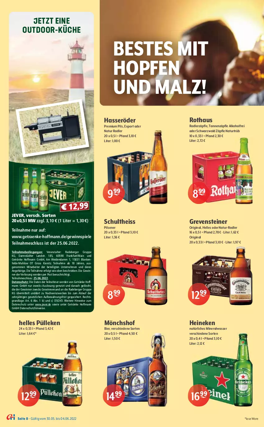 Aktueller Prospekt Getraenke Hoffmann - Prospekte - von 30.05 bis 04.06.2022 - strona 8 - produkty: alkohol, Altenmünster, Alwa, auer, aust, Berger, berliner, berliner kindl, bier, Biere, bügel, clausthaler, corona, eis, elle, erde, flasche, getränk, getränke, gewinnspiel, gin, grevensteiner, hasseröder, Hefe, heineken, Holz, jever, Jubiläums, küche, LG, mac, malz, Meister, mineralwasser, mönchshof, natur, natur radler, natürliches mineralwasser, Paula, paulaner, pils, pilsener, premium pils, radeberger, radler, rel, Saalfelder, Schultheiss, Spezi, Spiele, steiner, Ti, wasser, weck