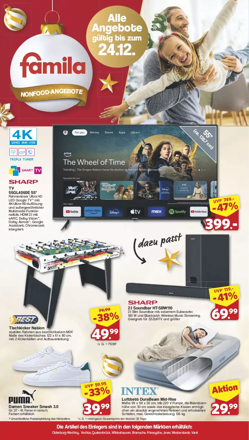 Aktueller Prospekt Famila - Prospekte - von 16.12 bis 24.12.2024 - strona 1 - produkty: angebot, angebote, axe, Bau, bett, eis, elle, HDMI, jever, kissen, LG, luftbett, matratze, matratzen, reis, rel, sneaker, soundbar, Subwoofer, teller, Ti, tisch, Weste, Wild, ZTE