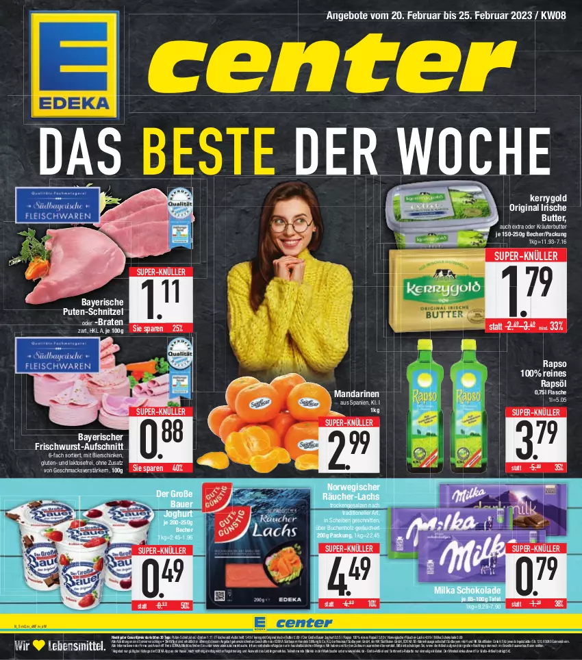 Aktueller Prospekt E Center - Angebote der Woche - von 20.02 bis 25.02.2023 - strona 1 - produkty: angebot, angebote, auer, aufschnitt, Bau, Bauer, Becher, bier, bierschinken, braten, buch, butter, deka, eis, elle, flasche, frischwurst-aufschnitt, gin, Holz, irische butter, joghur, joghurt, kerrygold, kräuter, kräuterbutter, lachs, lebensmittel, LG, mac, mandarine, mandarinen, milka, milka schokolade, oder kräuter, pute, rapso, rapsöl, reines rapsöl, reis, rwe, salz, schinken, schnitten, schnitzel, schoko, schokolade, super-knüller, Ti, wurst, ZTE