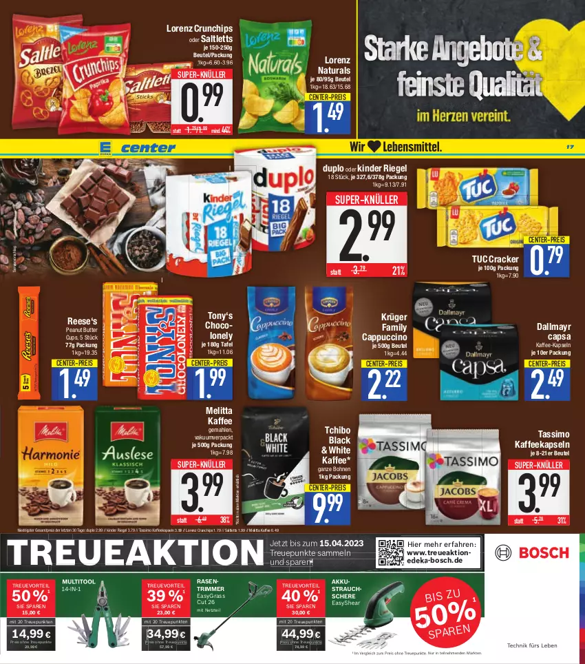 Aktueller Prospekt E Center - Angebote der Woche - von 20.02 bis 25.02.2023 - strona 17 - produkty: akku, beutel, bohne, bohnen, bosch, butter, Cap, cappuccino, chips, cin, cracker, crunchips, dallmayr, dallmayr capsa, deka, duplo, eis, ente, kaffee, kaffee-kapseln, kaffeekapseln, Kinder, kinder riegel, krüger, lack, lorenz, lorenz crunchips, melitta, natur, natura, peanut butter, rasen, rasentrimmer, Rauch, reis, riegel, saltletts, Schere, sim, Strauchschere, super-knüller, tassimo, Tchibo, Ti, tuc, ZTE