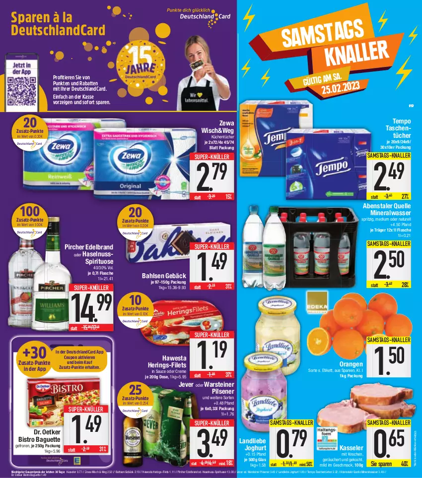 Aktueller Prospekt E Center - Angebote der Woche - von 20.02 bis 25.02.2023 - strona 19 - produkty: Alwa, baguette, bahlsen, Bistro Baguette, coupon, creme, deutschlandcard, Dr. Oetker, eis, elle, filet, filets, flasche, haselnuss, hawesta, hering, Herings, jever, joghur, joghurt, kasseler, küche, Küchen, küchentücher, landliebe, landliebe joghurt, mac, mineralwasser, natur, nuss, orange, orangen, pils, pilsener, pircher, reis, rel, ring, sauce, steiner, super-knüller, Tasche, taschen, taschentücher, Tempo, Ti, Tiere, tücher, warsteiner, wasser, zewa, ZTE