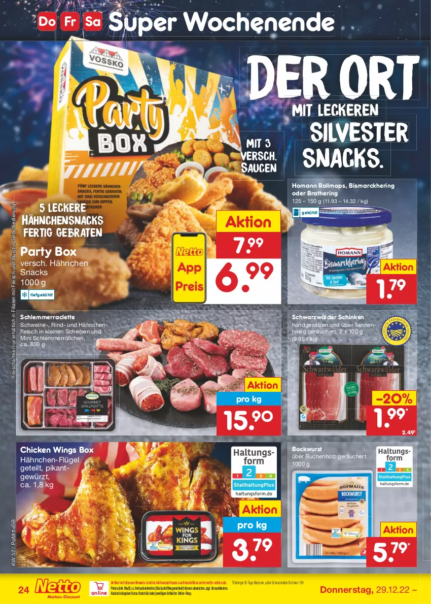 Aktueller Prospekt Netto Marken-Discount - Filial-Angebote - von 27.12 bis 31.12.2022 - strona 24 - produkty: bestpreis, bismarck, bockwurst, braten, buch, chicken wings, eis, fleisch, gewürz, Hähnchenfleisch, hering, Holz, homann, leine, ndk, reis, rind, ring, salz, sauce, saucen, schinken, schwarzwälder schinken, schwein, schweine, snack, snacks, Ti, wein, weine, wurst, wurst in selbstbedienung, ZTE