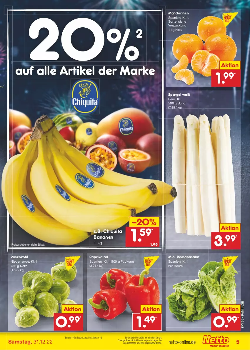 Aktueller Prospekt Netto Marken-Discount - Filial-Angebote - von 27.12 bis 31.12.2022 - strona 5 - produkty: angebot, banane, bananen, bestpreis, beutel, chiquita, eis, mandarine, mandarinen, paprika, paprika rot, reis, Romanasalat, rosen, Rosenkohl, salat, spargel, Ti, ZTE