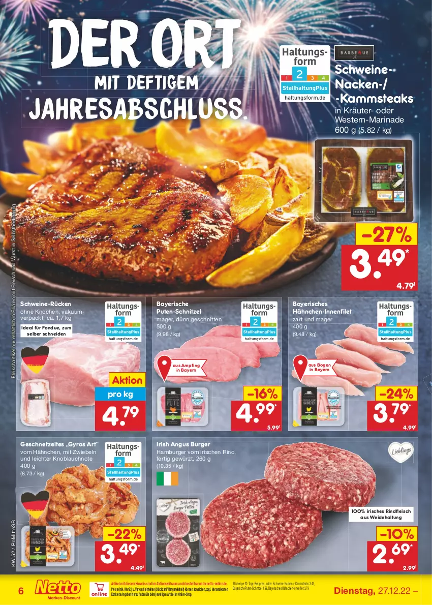 Aktueller Prospekt Netto Marken-Discount - Filial-Angebote - von 27.12 bis 31.12.2022 - strona 6 - produkty: bestpreis, burger, eis, filet, fleisch, Fondue, geschnetzeltes, gewürz, gyros, hamburger, knoblauch, kräuter, marinade, mit zwiebeln, ndk, pute, reis, resa, rind, rindfleisch, schnitten, schnitzel, schwein, schweine, schweinenacken, steak, steaks, Ti, wein, weine, Weste, wurst, wurst in selbstbedienung, Zelt, zwiebel, zwiebeln