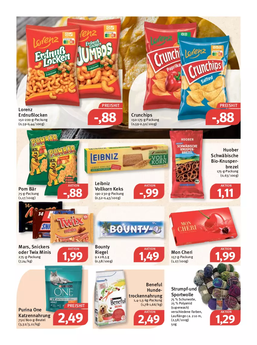 Aktueller Prospekt Feneberg - Prospekte - von 03.02 bis 05.02.2022 - strona 14 - produkty: beutel, bio, bounty, brezel, chips, crunchips, eis, Hundetrockennahrung, huober, katzennahrung, keks, korn, leibniz, lorenz, mars, oder twix, purina, reis, riegel, rum, snickers, Sport, Ti, Trockennahrung, twix, wolle