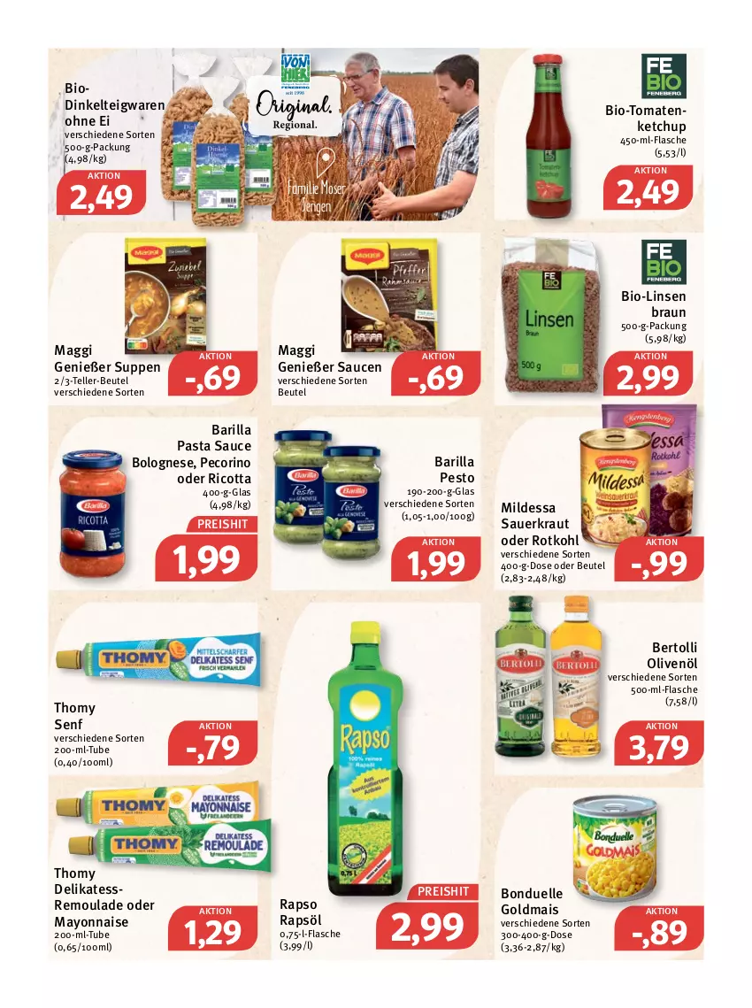 Aktueller Prospekt Feneberg - Prospekte - von 03.02 bis 05.02.2022 - strona 9 - produkty: auer, barilla, bertolli, beutel, bio, bolognese, bonduelle, bonduelle goldmais, braun, eis, elle, flasche, Goldmais, ketchup, Kraut, linsen, maggi, mais, mayonnaise, moser, olive, oliven, olivenöl, pasta, Pasta Sauce, Pecorino, pesto, rapso, rapsöl, reis, remoulade, ricotta, rotkohl, sauce, saucen, Sauerkraut, senf, suppe, suppen, teigwaren, teller, thomy, Ti, tomate, tomaten, tomatenketchup, Yo