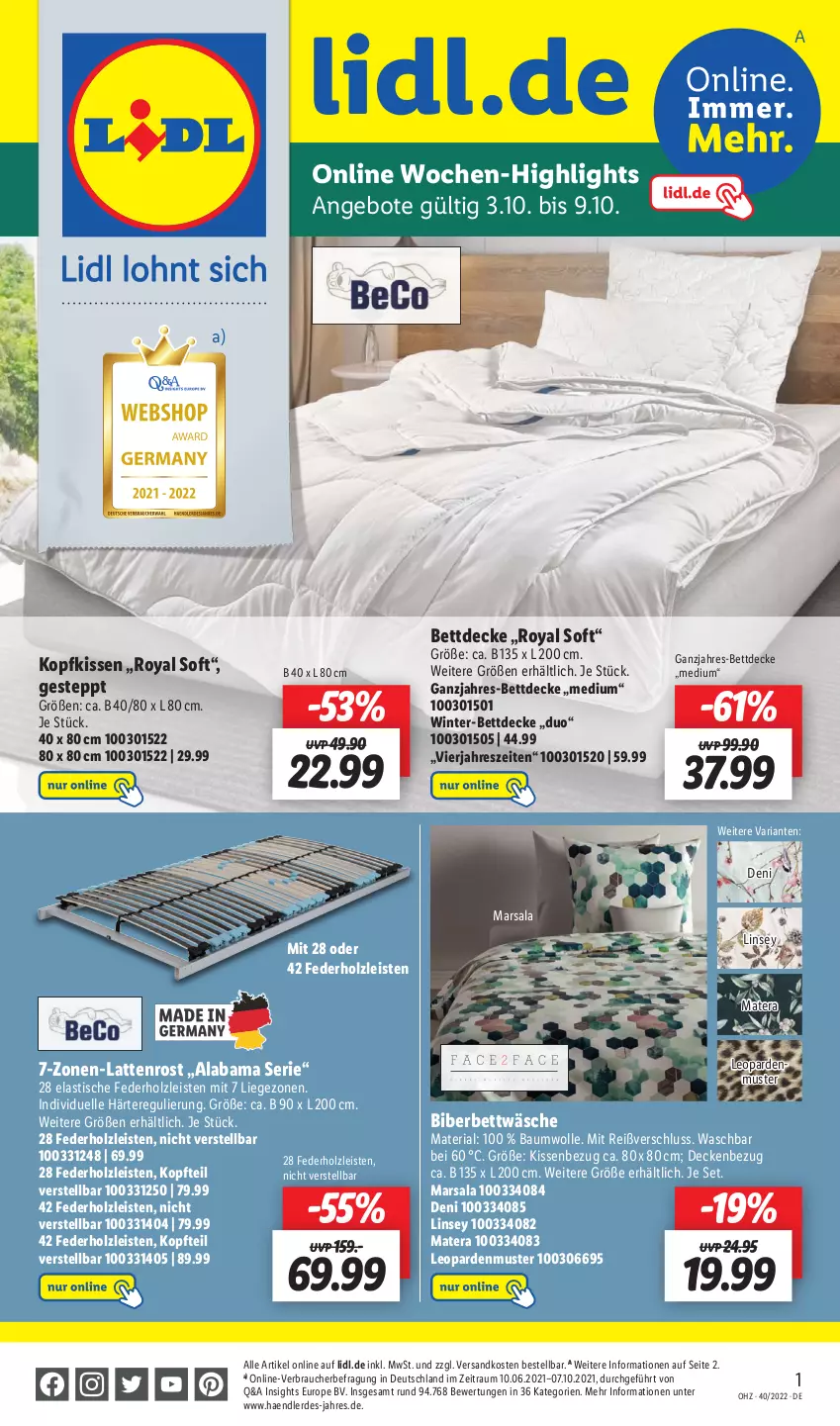 Aktueller Prospekt Lidl - Wochen-Highlights im Onlineshop - von 03.10 bis 09.10.2022 - strona 1 - produkty: angebot, angebote, asti, Bau, baumwolle, bett, bettwäsche, decke, eis, elle, erde, Holz, kissen, Kissenbezug, kopfkissen, latte, lattenrost, Liege, mars, ndk, Rauch, Ria, Ti, tisch, wolle