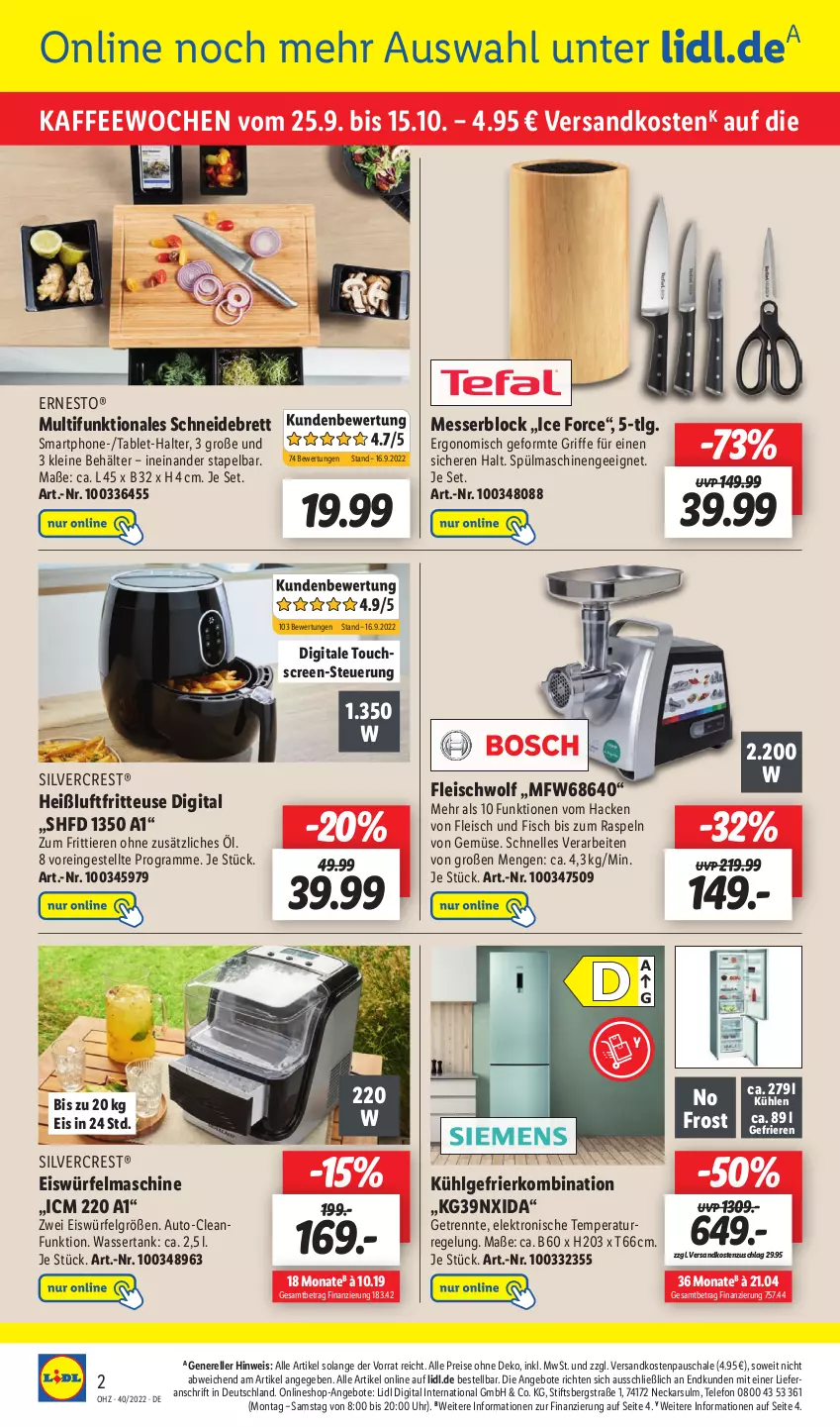 Aktueller Prospekt Lidl - Wochen-Highlights im Onlineshop - von 03.10 bis 09.10.2022 - strona 2 - produkty: angebot, angebote, auto, Behälter, eis, eiswürfel, Elektro, elle, ernesto, fisch, fleisch, fritteuse, gefrierkombination, Heißluftfritteuse, kaffee, leine, LG, messer, messerblock, ndk, reis, rel, Schal, Schale, schneidebrett, silvercrest, smartphone, spülmaschinen, tablet, telefon, Ti, Tiere, touchscreen, uhr, wasser, wassertank, würfel