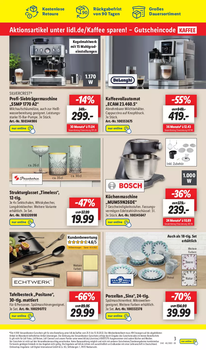 Aktueller Prospekt Lidl - Wochen-Highlights im Onlineshop - von 03.10 bis 09.10.2022 - strona 3 - produkty: angebot, angebote, auer, auto, Becher, beere, Behälter, besteck, Cap, cappuccino, cin, drink, edelstahl, eis, elle, Germ, gutschein, gutscheine, kaffee, kaffeevollautomat, korb, küche, Küchen, küchenmaschine, LG, mikrowelle, milch, natur, ndk, reis, Ria, Rührschüssel, Schal, Schale, schüssel, sekt, silvercrest, spülmaschinen, Ti, wasser, whisky, Whiskybecher, ZTE