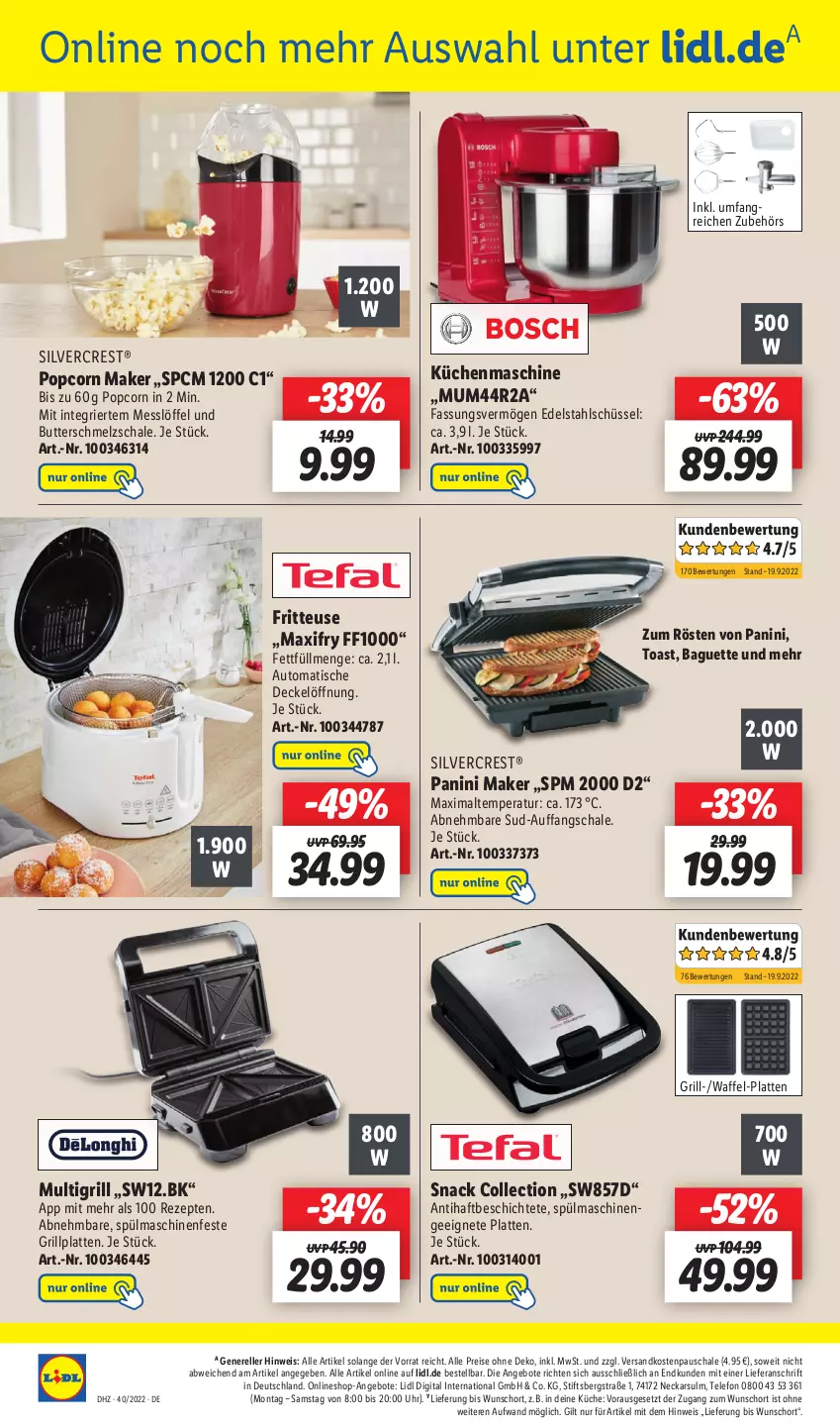 Aktueller Prospekt Lidl - Wochen-Highlights im Onlineshop - von 03.10 bis 09.10.2022 - strona 4 - produkty: angebot, angebote, auto, baguette, butter, decke, Deckel, edelstahl, eis, elle, fritteuse, grill, grillplatte, küche, Küchen, küchenmaschine, latte, Löffel, ndk, popcorn, reis, rel, rezept, rezepte, Schal, Schale, Schmelzschale, schüssel, silvercrest, snack, spülmaschinen, telefon, Ti, tisch, toast, uhr