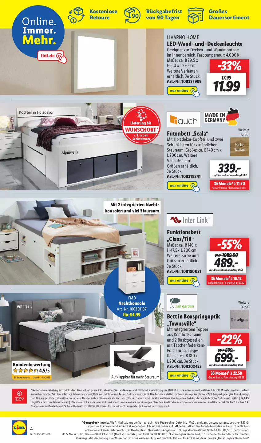 Aktueller Prospekt Lidl - Wochen-Highlights im Onlineshop - von 03.10 bis 09.10.2022 - strona 8 - produkty: angebot, angebote, auer, bett, decke, deckenleuchte, eis, elle, erde, federkern, Futonbett, Holz, küche, Leuchte, LG, Liege, nachtkonsole, nachtkonsolen, ndk, reis, rel, Ria, ring, Schal, Schale, schlafzimmer, Tasche, taschen, telefon, Ti, topper, uhr