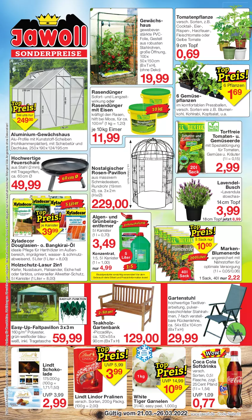 Aktueller Prospekt Jawoll - Prospekte - von 20.03 bis 26.03.2022 - strona 1 - produkty: angebot, angebote, ball, Bank, Bau, bio, biozidprodukte, blume, blumen, blumenerde, blumenkohl, cocktail, cola, decor, dekoration, drink, drinks, dünger, eier, eimer, eis, elle, erde, Faltpavillon, feuerschale, flasche, fleisch, garnelen, Garten, gartenbank, gartenstuhl, Gemüseerde, Gewächshaus, Hohlkammerplatte, Holz, holzschutz, kohlrabi, kopfsalat, kräuter, lasur 2in1, latte, lavendel, LG, lindor, lindt, nuss, pavillon, pflanze, pflanzen, pralinen, rasen, rasendünger, Rauch, reis, rosen, rückenlehne, rwe, sac, salat, Schal, Schale, schoko, schokolade, Spezi, stuhl, Tasche, Ti, tomate, tomaten, topf, tragegriff, tragetasche, wasser