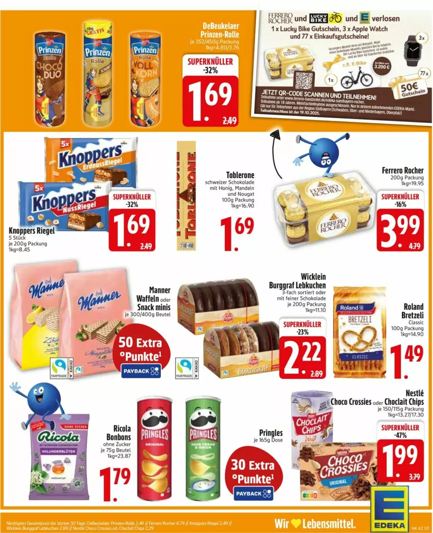 Aktueller Prospekt Edeka - Prospekte - von 13.10 bis 18.10.2025 - strona 13 - produkty: Apple, Apple Watch, beutel, bonbons, chips, choco crossies, cola, crossies, ferrero, Ferrero Rocher, gutschein, honig, knoppers, kuchen, Lebkuchen, mandel, mandeln, Manner, pringles, Ria, Ricola, riegel, ring, schoko, schokolade, snack, Ti, toblerone, waffeln, WICK, Zelt, zucker