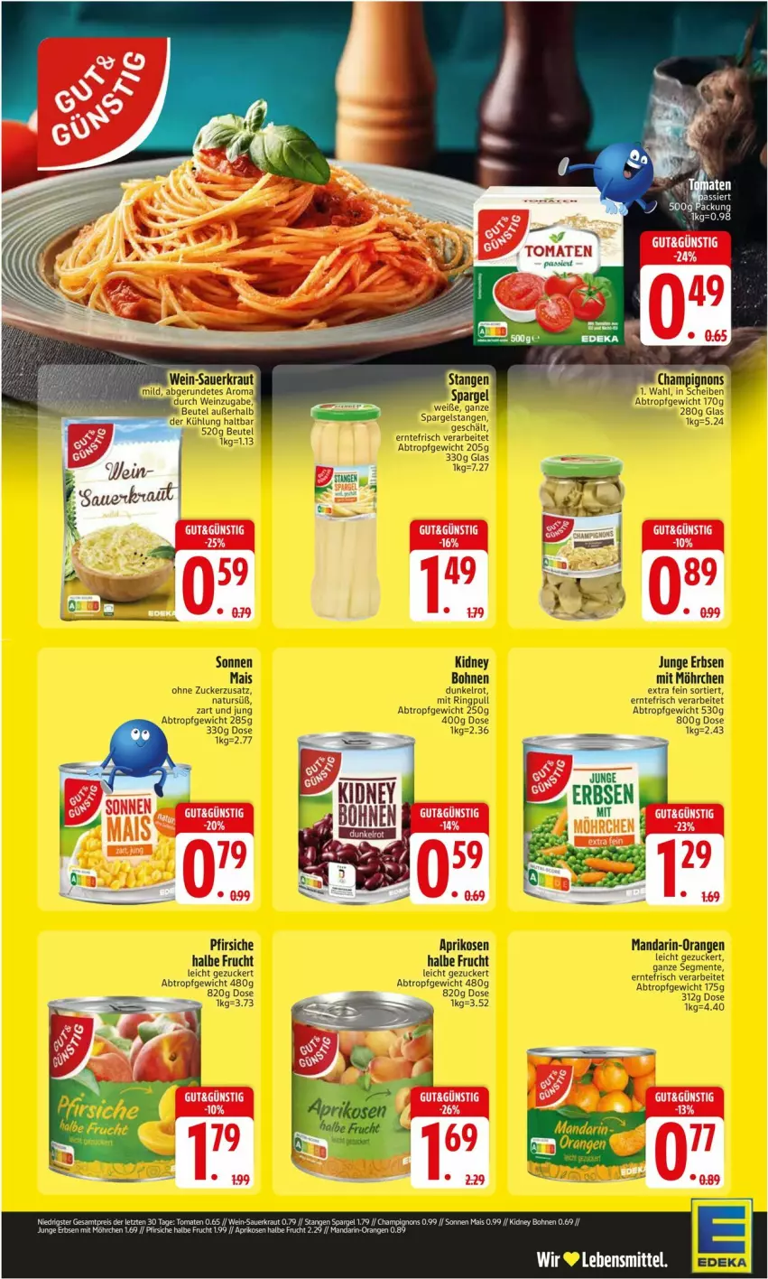 Aktueller Prospekt Edeka - Prospekte - von 13.10 bis 18.10.2025 - strona 2 - produkty: aprikose, aprikosen, auer, bohne, bohnen, eis, erbsen, frucht, junge erbsen, kidney, kidney bohnen, Kraut, lebensmittel, mais, mandarin-orangen, orange, orangen, reis, Sauerkraut, spargel, tomate, tomaten, wein, ZTE