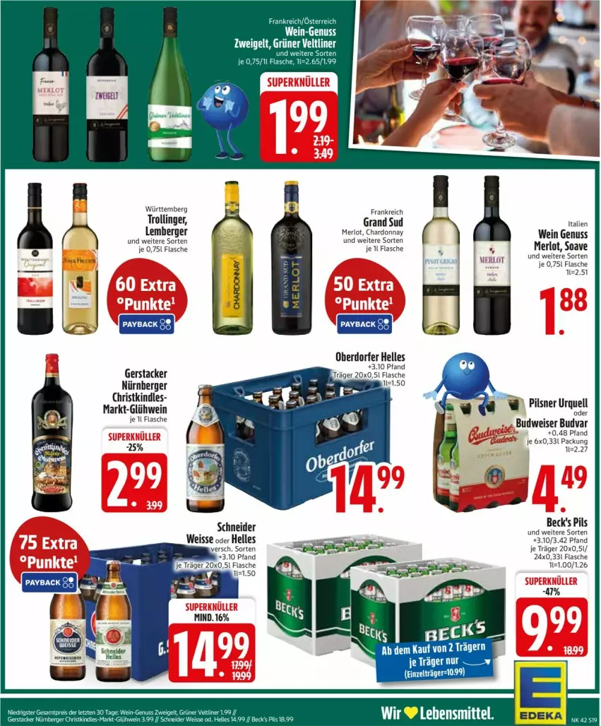 Aktueller Prospekt Edeka - Prospekte - von 13.10 bis 18.10.2025 - strona 21 - produkty: beck's, Berger, chardonnay, deka, eis, elle, flasche, Glühwein, grand sud, Kindle, merl, merlot, nürnberger, nuss, pils, trolli, trollinger, wein, Zelt