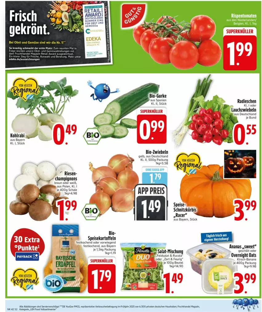 Aktueller Prospekt Edeka - Prospekte - von 13.10 bis 18.10.2025 - strona 4 - produkty: acer, ananas, banane, beutel, bio, braun, champignon, champignons, cola, deka, eis, ente, feldsalat, gurke, kartoffel, kartoffeln, kirsch, kohlrabi, Kürbis, Lauchzwiebel, lauchzwiebeln, radieschen, reis, rucola, salat, Schal, Schale, speisekartoffeln, Ti, Yo, zwiebel, zwiebeln