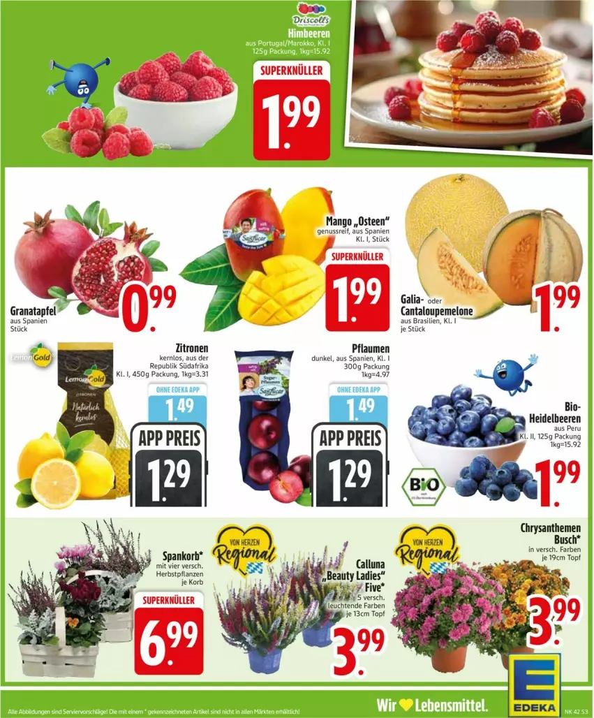 Aktueller Prospekt Edeka - Prospekte - von 13.10 bis 18.10.2025 - strona 5 - produkty: apfel, beere, beeren, chrysanthemen, eis, grana, granatapfel, heidelbeere, heidelbeeren, korb, mango, melone, nuss, pflanze, pflanzen, pflaume, pflaumen, Rana, reis, tee, topf, zitrone, zitronen