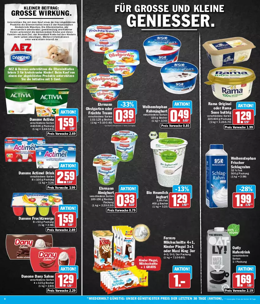 Aktueller Prospekt Aez - Prospekte - von 12.02 bis 17.02.2024 - strona 8 - produkty: actimel, actimel drink, activia, AEZ, almighur, almighurt, Becher, bio, danone, danone actimel drink, danone activia, danone fruchtzwerge, Dany, dany sahne, drink, ehrmann, ehrmann almighurt, eis, ferrero, frucht, früchte, fruchtzwerge, Garten, gin, hafer, Haferdrink, Heu, heumilch, joghur, joghurt, Kinder, kinder pingui, Krebs, leine, milch, Milchschnitte, obst, obstgarten, pingui, rahmjoghurt, rama, reis, ring, sahne, schlagrahm, tender, Ti, weihenstephan, ZTE