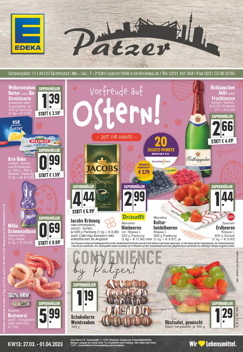 Aktueller Prospekt Edeka - Angebote der Woche - von 27.03 bis 01.04.2023 - strona 1 - produkty: angebot, angebote, beere, beeren, deka, deutschlandcard, erdbeere, erdbeeren, erde, heidelbeere, heidelbeeren, himbeer, himbeere, himbeeren, jacobs, jacobs krönung, LG, obst, Ria, salat, Schal, Schale, schoko, Ti, trauben, wein