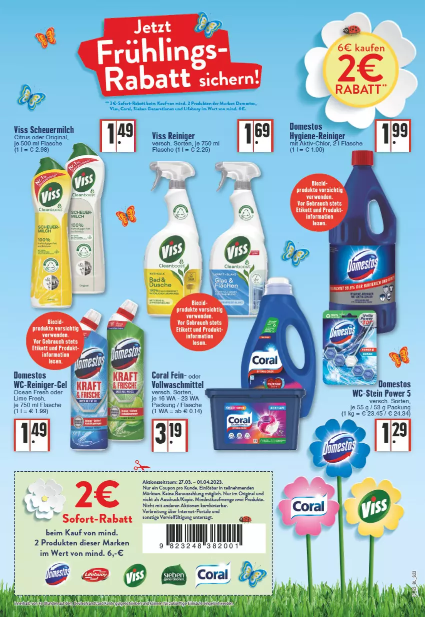 Aktueller Prospekt Edeka - Angebote der Woche - von 27.03 bis 01.04.2023 - strona 23 - produkty: bio, Brei, citrus, Coral, coupon, deutschlandcard, domestos, elle, flasche, gin, Heu, hygiene-reiniger, milch, Rauch, reiniger, rwe, scheuermilch, sofort-rabatt, tee, Ti, vollwaschmittel, waschmittel, wc-reiniger