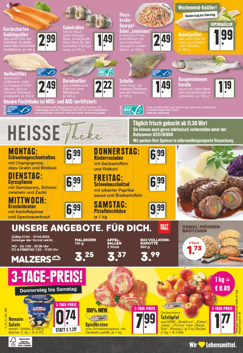 Aktueller Prospekt Edeka - Angebote der Woche - von 27.03 bis 01.04.2023 - strona 24 - produkty: angebot, angebote, auer, ball, Becher, beutel, bio, braten, brokkoli, champignon, champignons, eier, eis, elle, fleisch, fleischkäse, geschnetzeltes, homann, kartoffel, kartoffeln, Kartoffelpüree, Käse, korn, Kraut, lebensmittel, malz, mikrowelle, mit gemüse, pizza, püree, reis, rind, rinder, Rinderroulade, rinderrouladen, rotkohl, rouladen, salat, salate, salz, sauce, Sauerkraut, schnitzel, schwein, schweine, schweinenacken, schweineschnitzel, Speck, tafeläpfel, telefon, Ti, uhr, vom schweinenacken, wein, weine, zaziki, Zelt, zwiebel, zwiebeln