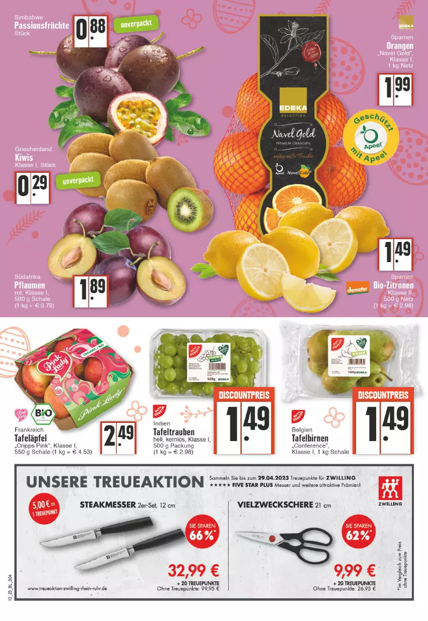 Aktueller Prospekt Edeka - Angebote der Woche - von 27.03 bis 01.04.2023 - strona 4 - produkty: Birnen, deka, LG, messer, Schal, Schale, Schere, steak, tafeläpfel, tafelbirnen, tafeltrauben, Ti, trauben, uhr, weck