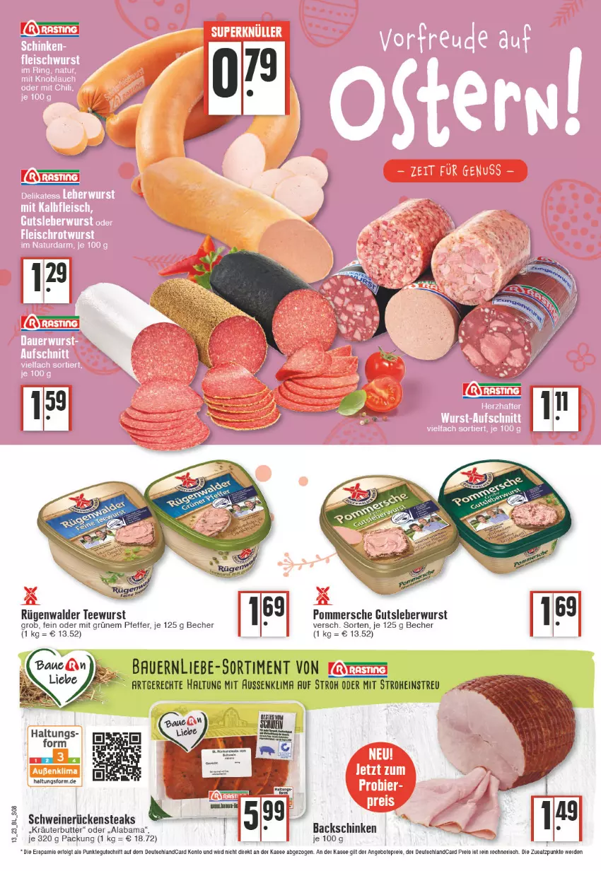 Aktueller Prospekt Edeka - Angebote der Woche - von 27.03 bis 01.04.2023 - strona 8 - produkty: auer, Bau, Bauer, Becher, butter, erde, gutsleberwurst, kräuter, kräuterbutter, leberwurst, LG, pfeffer, Pommersche, Rückensteak, rückensteaks, rügenwalder, schinken, schwein, schweine, schweinerücken, steak, steaks, tee, teewurst, Ti, wein, weine, wurst